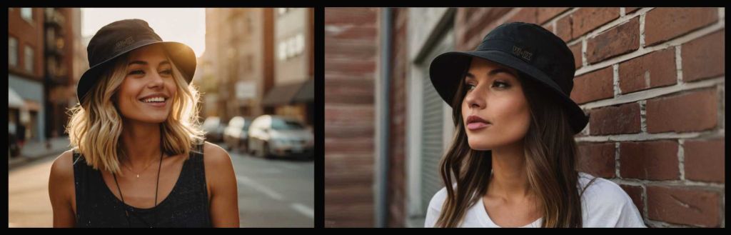 Summer time scene of two women wearing the VIIX PRO black bucket hat.